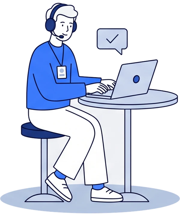 Illustration of a support engineer with a headset answering on a laptop